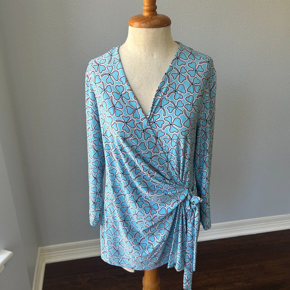 Anne Klein Blue Geometric Wrap Blouse